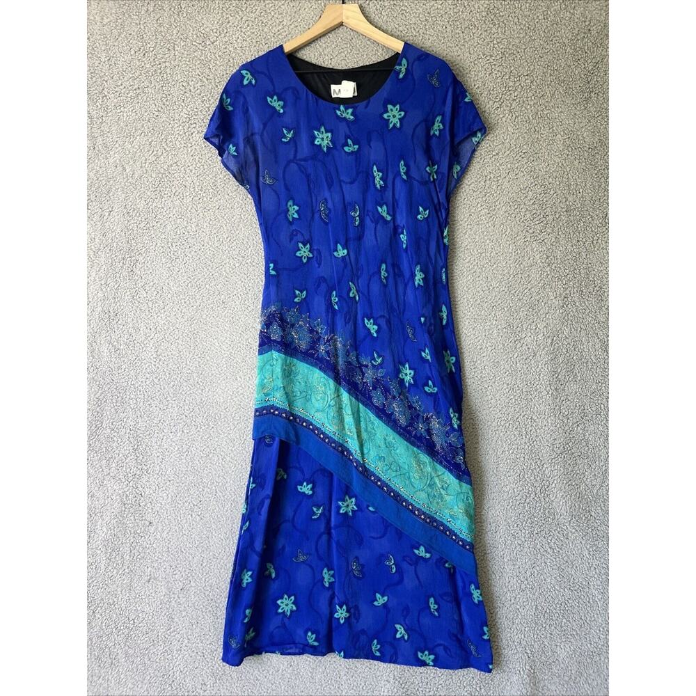 Vintage 80s Maxi Dress Womens M L Blue Floral Asymettrical Layered Colorful Boho